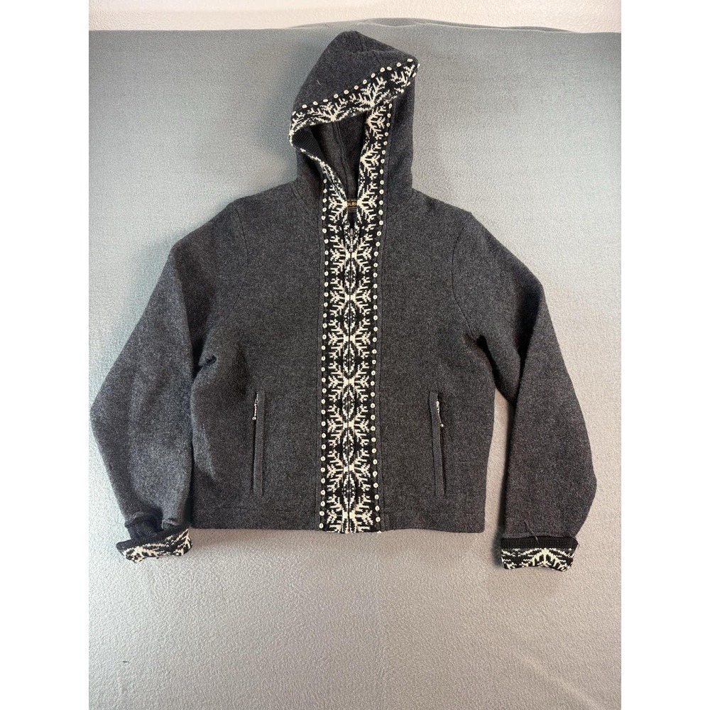 Woolrich Jacket Womens M Gray 100% Wool Hooded Full Zip Fair Isle Ski Nordic